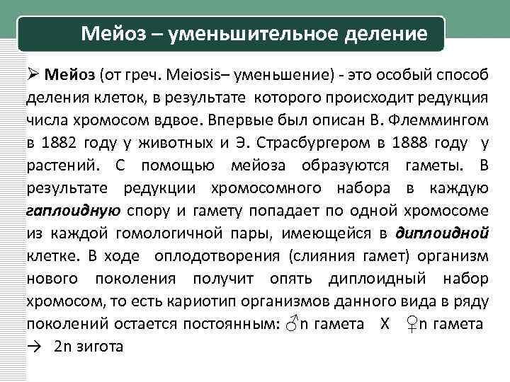Мейоз – уменьшительное деление Ø Мейоз (от греч. Meiosis– уменьшение) - это особый способ