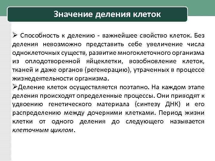Значение деления клеток Ø Способность к делению - важнейшее свойство клеток. Без деления невозможно