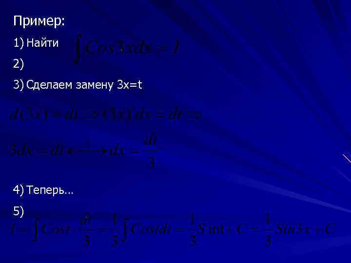 Пример: 1) Найти 2) 3) Сделаем замену 3 х=t 4) Теперь… 5) 