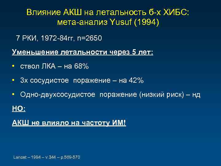 Влияние АКШ на летальность б-х ХИБС: мета-анализ Yusuf (1994) 7 РКИ, 1972 -84 гг,