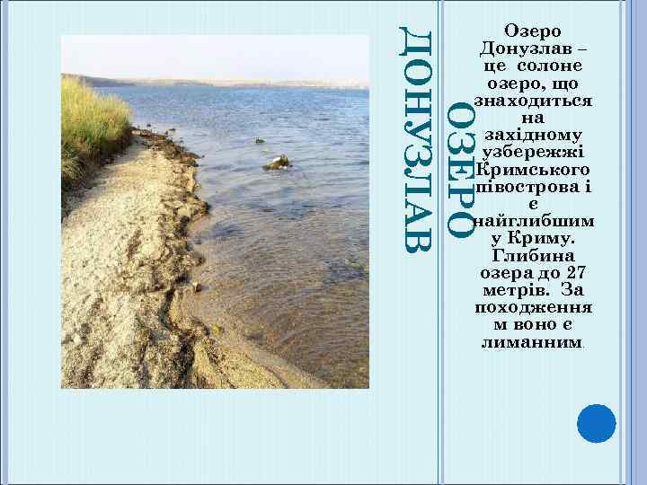 ОЗЕРО ДОНУЗЛАВ Озеро Донузлав – це солоне озеро, що знаходиться на західному узбережжі Кримського