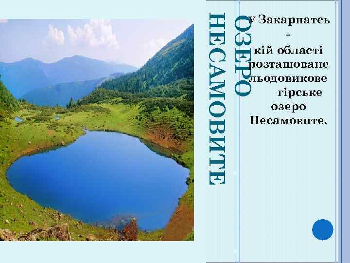 ОЗЕРО НЕСАМОВИТЕ У Закарпатсь кій області розташоване льодовикове гірське озеро Несамовите. 