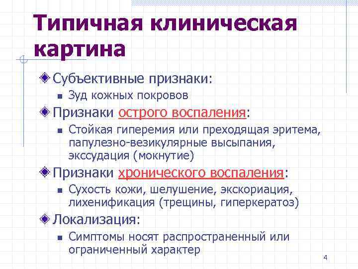 Типичная клиническая картина Субъективные признаки: n Зуд кожных покровов Признаки острого воспаления: n Стойкая
