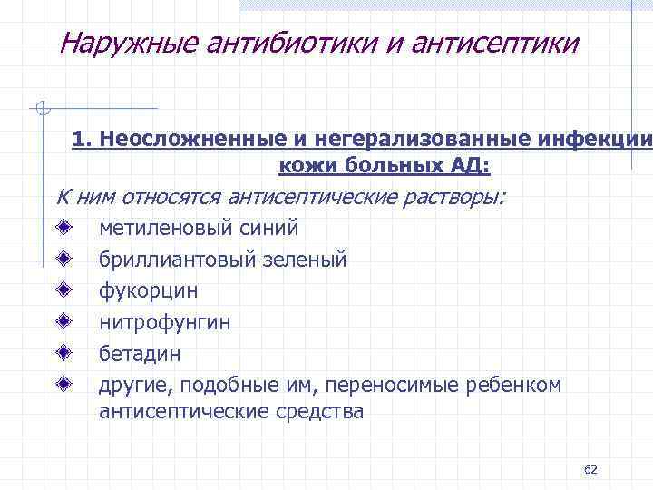 Наружные антибиотики и антисептики 1. Неосложненные и негерализованные инфекции кожи больных АД: К ним