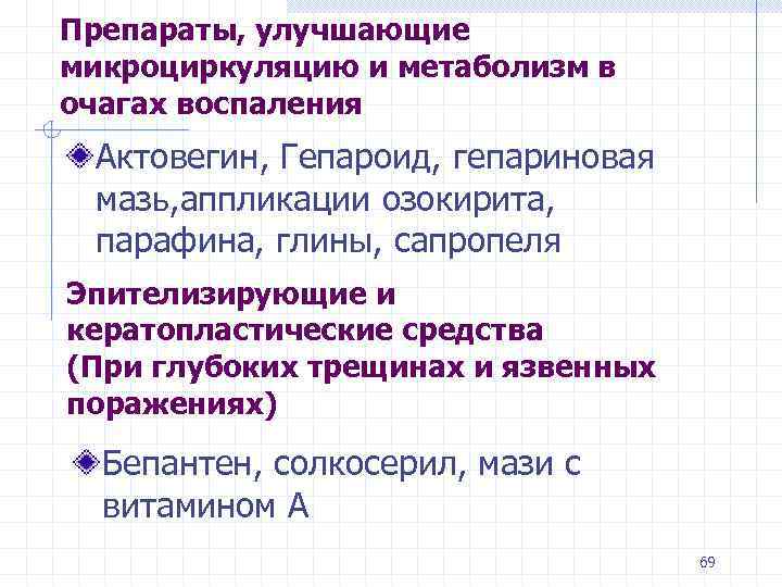 Препараты, улучшающие микроциркуляцию и метаболизм в очагах воспаления Актовегин, Гепароид, гепариновая мазь, аппликации озокирита,