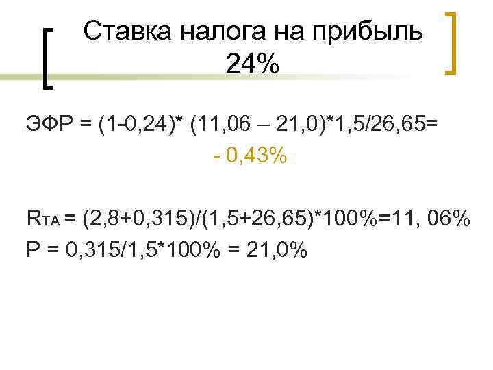 Ставка налога на прибыль 24% ЭФР = (1 -0, 24)* (11, 06 – 21,