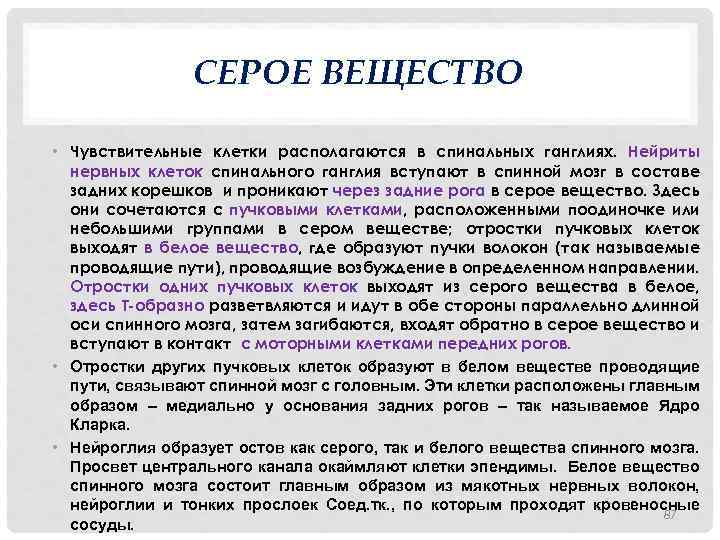 СЕРОЕ ВЕЩЕСТВО • Чувствительные клетки располагаются в спинальных ганглиях. Нейриты нервных клеток спинального ганглия