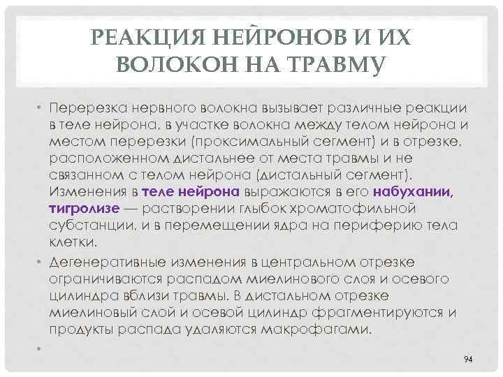 РЕАКЦИЯ НЕЙРОНОВ И ИХ ВОЛОКОН НА ТРАВМУ • Перерезка нервного волокна вызывает различные реакции