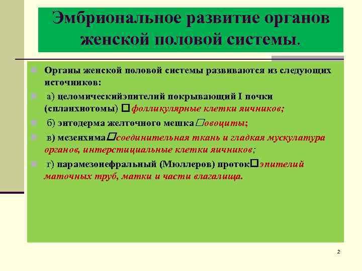 Эмбриональное развитие органов женской половой системы. n Органы женской половой системы развиваются из следующих