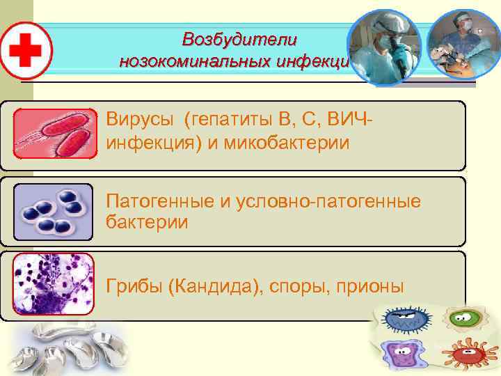 Возбудители нозокоминальных инфекций Вирусы (гепатиты В, С, ВИЧинфекция) и микобактерии Патогенные и условно-патогенные бактерии