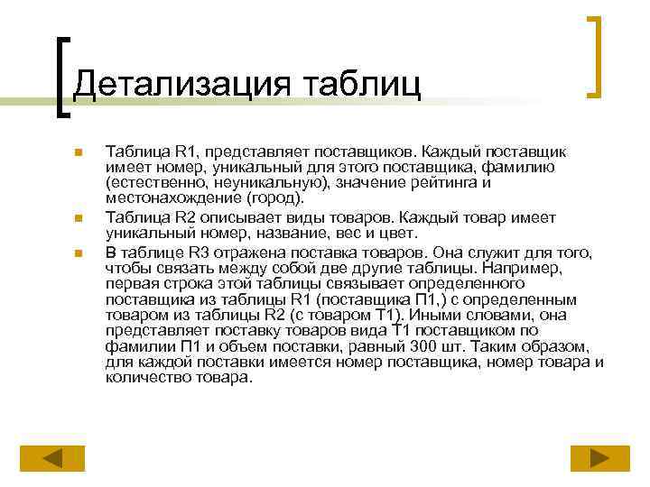 Детализация таблиц n n n Таблица R 1, представляет поставщиков. Каждый поставщик имеет номер,