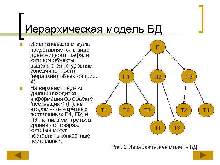 Иерархическая модель БД n n Иерархическая модель представляется в виде древовидного графа, в котором