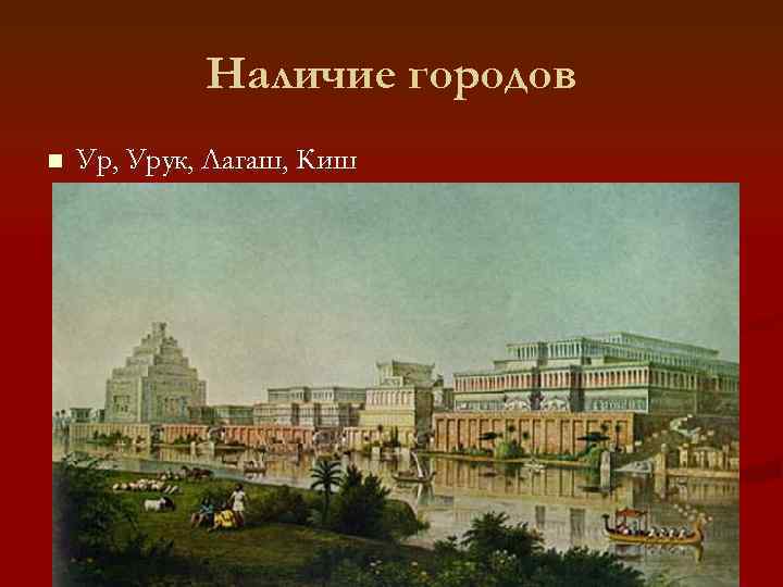 Наличие городов n Ур, Урук, Лагаш, Киш 