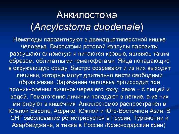 Анкилостома (Ancylostoma duodenale) Нематоды паразитируют в двенадцатиперстной кишке человека. Выростами ротовой капсулы паразиты разрушают