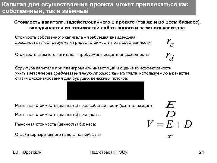 Капитал для осуществления проекта может привлекаться как собственный, так и заёмный Стоимость капитала, задействованного