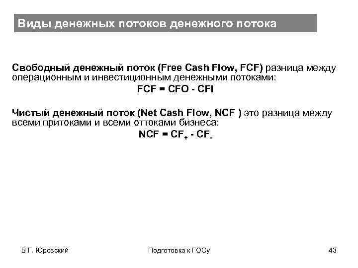 Виды денежных потоков денежного потока Свободный денежный поток (Free Cash Flow, FCF) разница между
