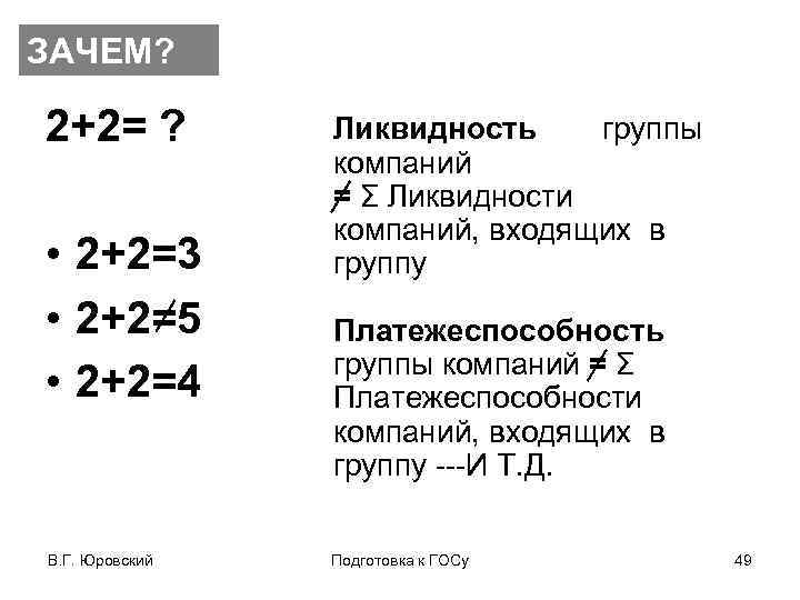 ЗАЧЕМ? 2+2= ? • 2+2=3 • 2+2=5 • 2+2=4 В. Г. Юровский Ликвидность группы