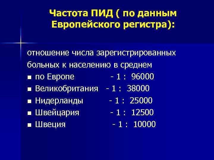 Частота ПИД ( по данным Европейского регистра): отношение числа зарегистрированных больных к населению в