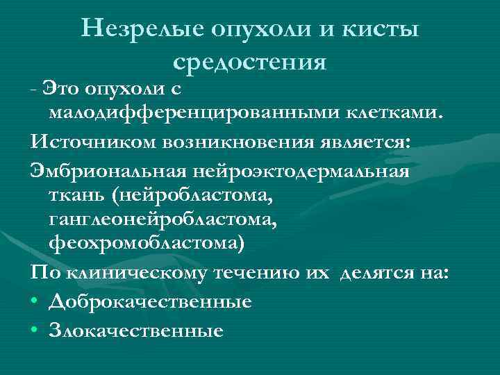 Незрелые опухоли и кисты средостения - Это опухоли с малодифференцированными клетками. Источником возникновения является: