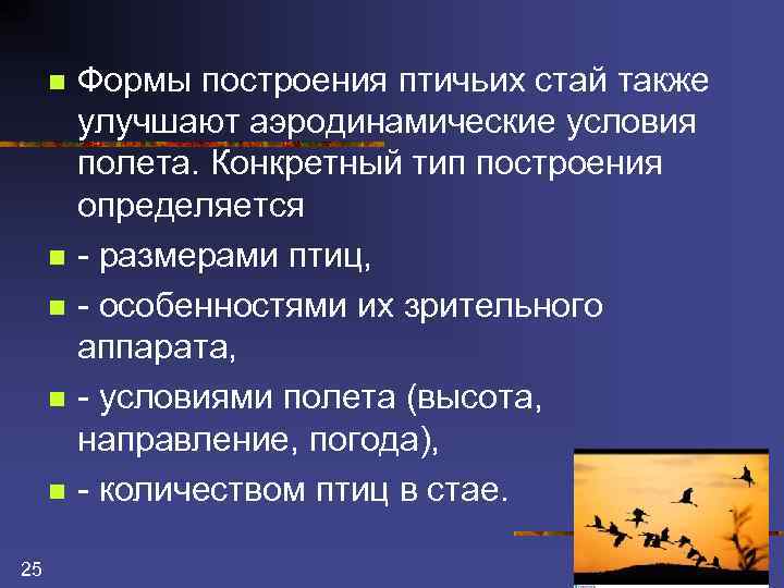 n n n 25 Формы построения птичьих стай также улучшают аэродинамические условия полета. Конкретный