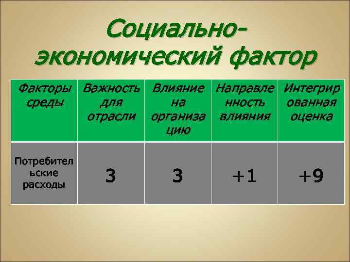 Социальноэкономический фактор Факторы Важность Влияние Направле Интегрир среды для на нность ованная отрасли организа