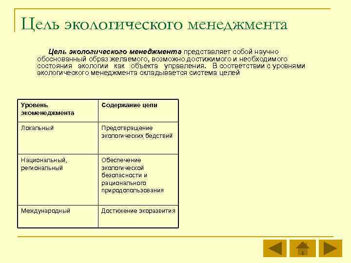 Цель экологического менеджмента представляет собой научно обоснованный образ желаемого, возможно достижимого и необходимого состояния