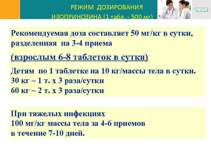 РЕЖИМ ДОЗИРОВАНИЯ ИЗОПРИНОЗИНА (1 табл. - 500 мг) Рекомендуемая доза составляет 50 мг/кг в