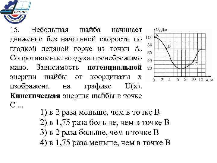 15. Небольшая шайба начинает движение без начальной скорости по гладкой ледяной горке из точки