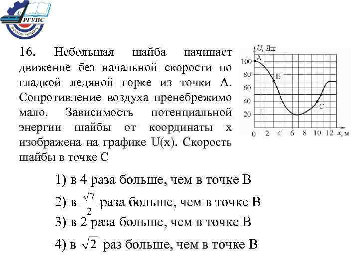 16. Небольшая шайба начинает движение без начальной скорости по гладкой ледяной горке из точки
