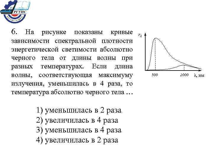 6. На рисунке показаны кривые зависимости спектральной плотности энергетической светимости абсолютно черного тела от