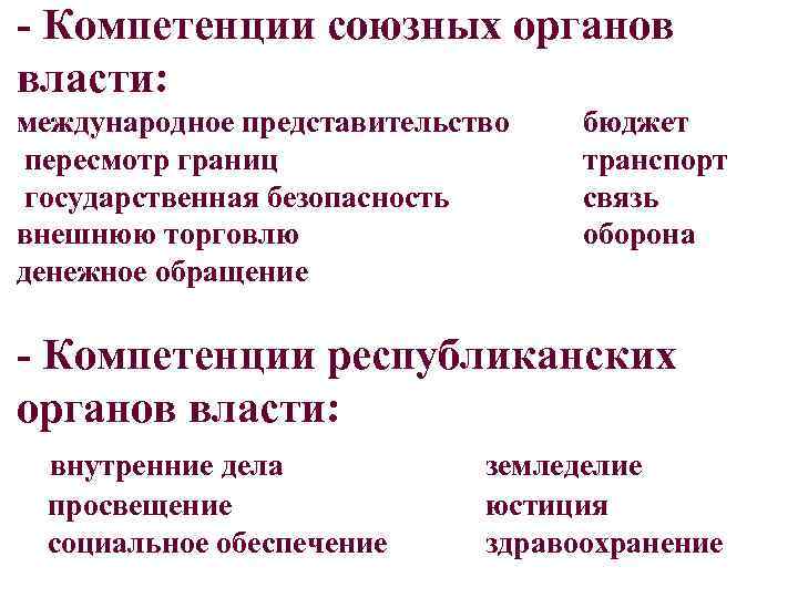 - Компетенции союзных органов власти: международное представительство пересмотр границ государственная безопасность внешнюю торговлю денежное
