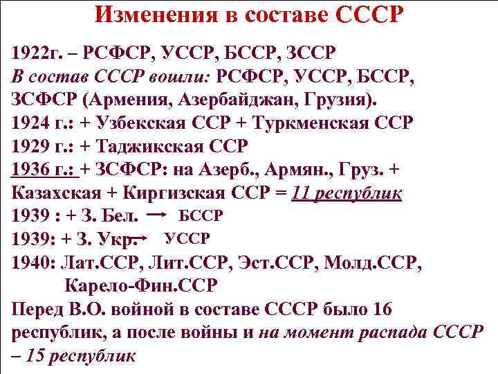 Изменения в составе СССР 1922 г. – РСФСР, УССР, БССР, ЗССР В состав СССР