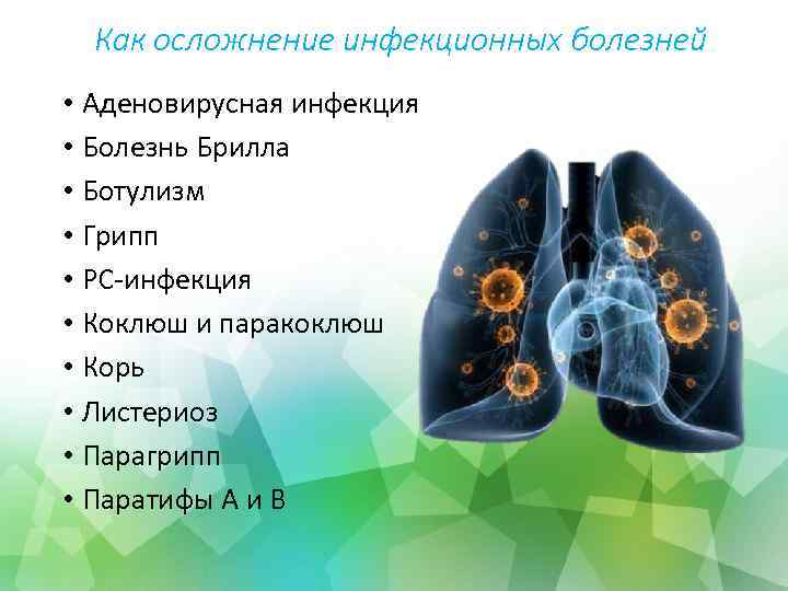 Как осложнение инфекционных болезней • Аденовирусная инфекция • Болезнь Брилла • Ботулизм • Грипп
