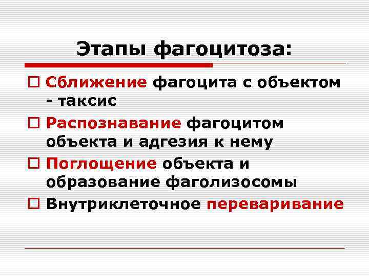 Этапы фагоцитоза: o Сближение фагоцита с объектом - таксис o Распознавание фагоцитом объекта и