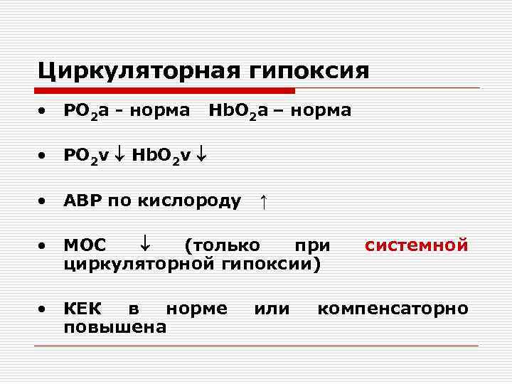 Циркуляторная гипоксия • РО 2 a - норма Hb. O 2 a – норма