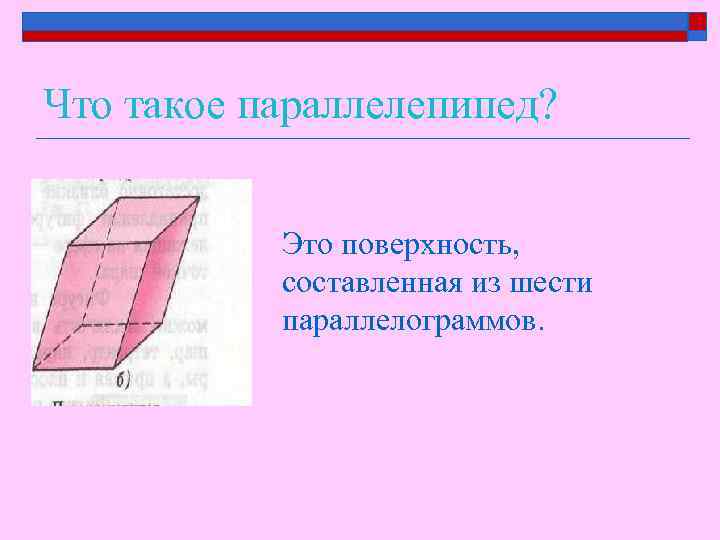 Что такое параллелепипед? Это поверхность, составленная из шести параллелограммов. 
