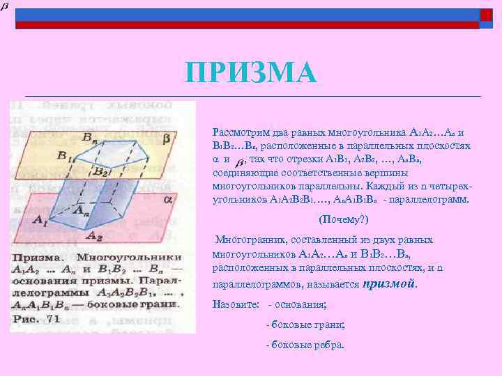 ПРИЗМА Рассмотрим два равных многоугольника А 1 А 2…Аn и В 1 В 2…Bn,