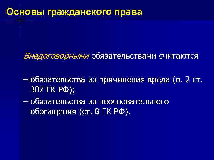 Основы гражданского права Внедоговорными обязательствами считаются – обязательства из причинения вреда (п. 2 ст.