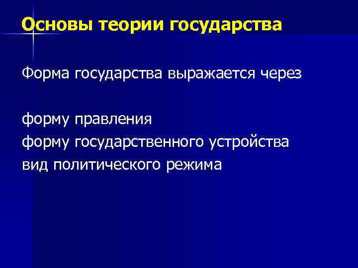Основы теории государства Форма государства выражается через форму правления форму государственного устройства вид политического