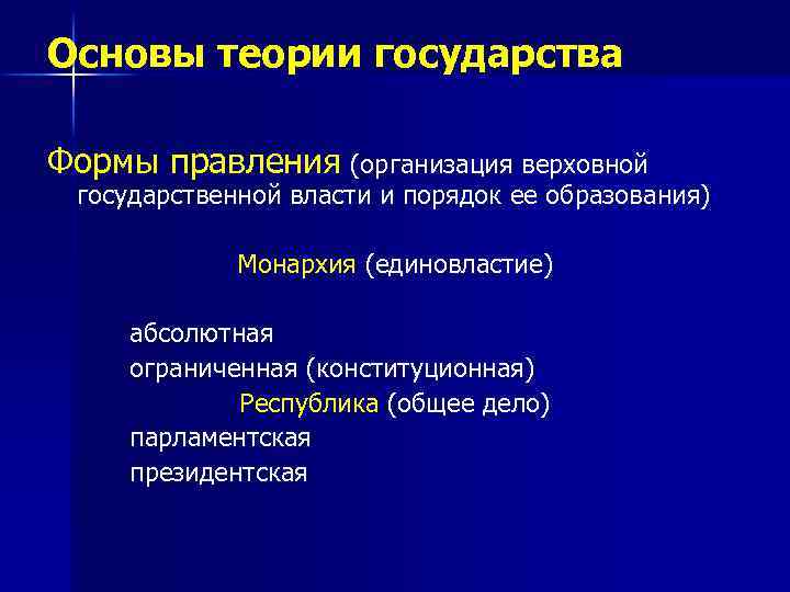 Основы теории государства Формы правления (организация верховной государственной власти и порядок ее образования) Монархия
