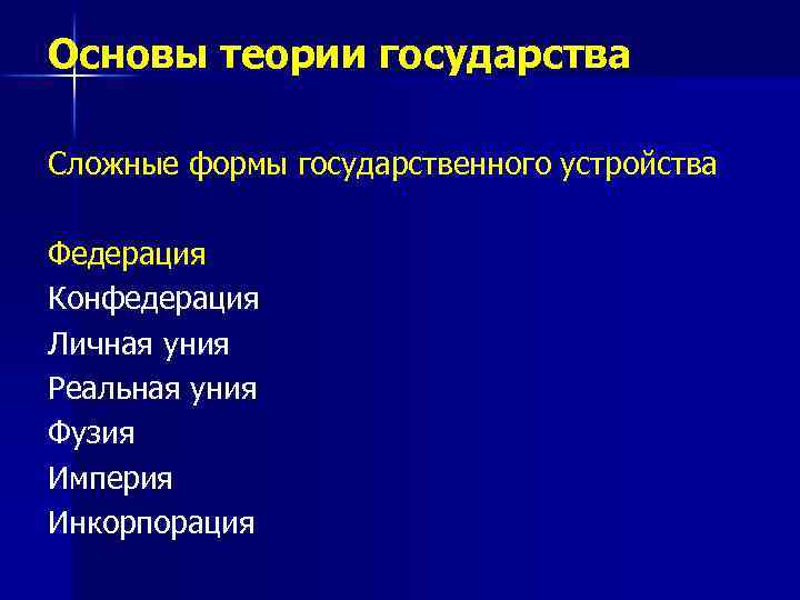 Основы теории государства Сложные формы государственного устройства Федерация Конфедерация Личная уния Реальная уния Фузия