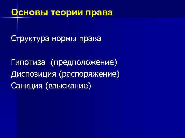Основы теории права Структура нормы права Гипотиза (предположение) Диспозиция (распоряжение) Санкция (взыскание) 