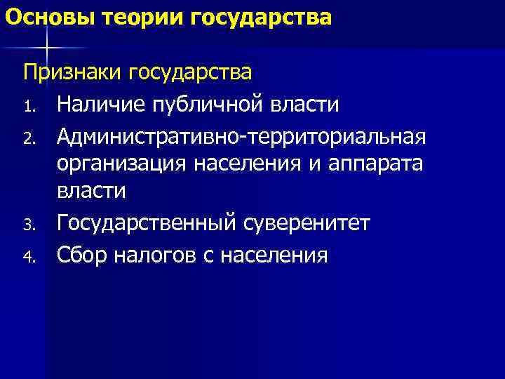 Основы теории государства Признаки государства 1. Наличие публичной власти 2. Административно-территориальная организация населения и