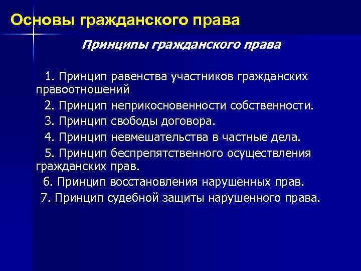 Основы гражданского права Принципы гражданского права 1. Принцип равенства участников гражданских правоотношений 2. Принцип