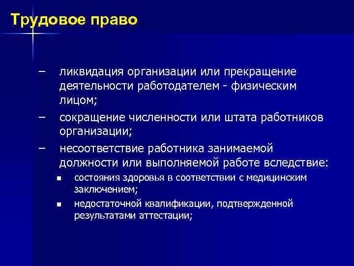 Трудовое право – – – ликвидация организации или прекращение деятельности работодателем - физическим лицом;