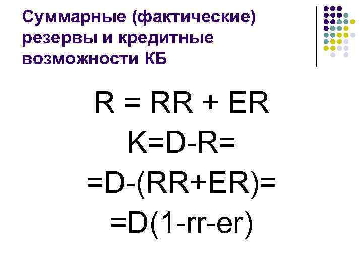 Суммарные (фактические) резервы и кредитные возможности КБ R = RR + ER K=D-R= =D-(RR+ER)=