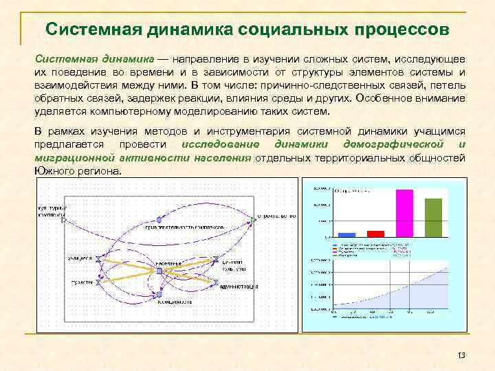 Системная динамика социальных процессов Системная динамика — направление в изучении сложных систем, исследующее их