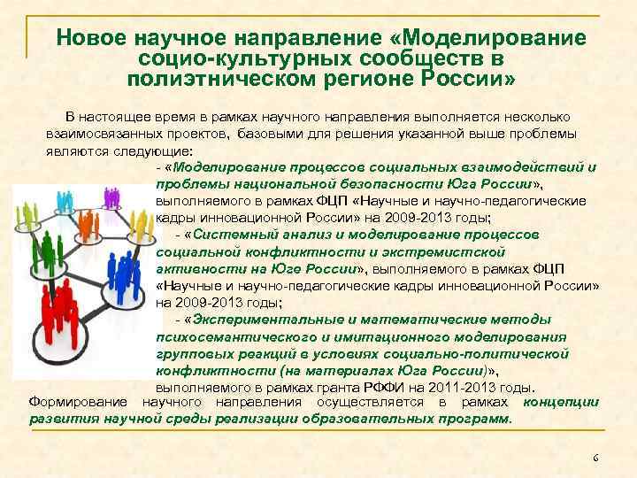 Новое научное направление «Моделирование социо-культурных сообществ в полиэтническом регионе России» В настоящее время в