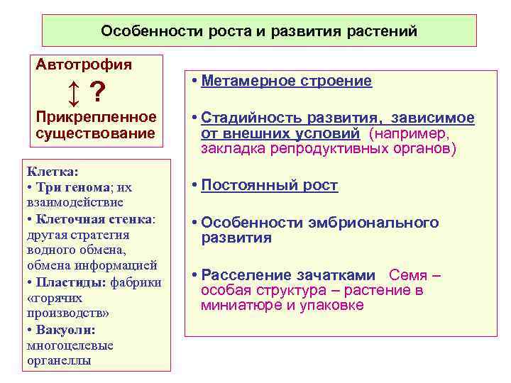 Особенности роста и развития растений Автотрофия ↕? Прикрепленное существование Клетка: • Три генома; их