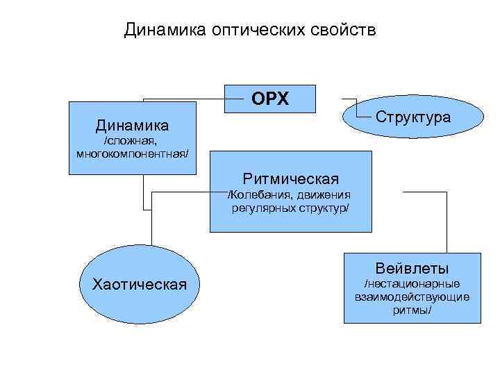 Динамика оптических свойств ОРХ Динамика Структура /сложная, многокомпонентная/ Ритмическая /Колебания, движения регулярных структур/ Хаотическая